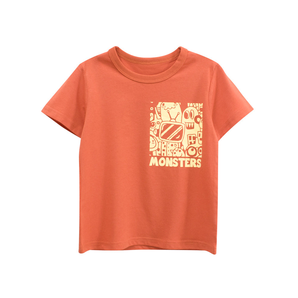Boys’ Little Monster Cartoon and Letters Print T-shirt in European and American-2
