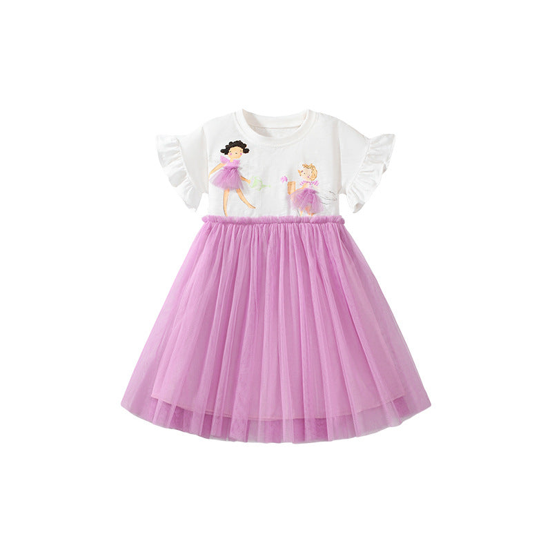 Summer Pure Cotton Cartoon Dancers Pattern Short Sleeves Tulle Patchwork Dress for Stylish Girls-4