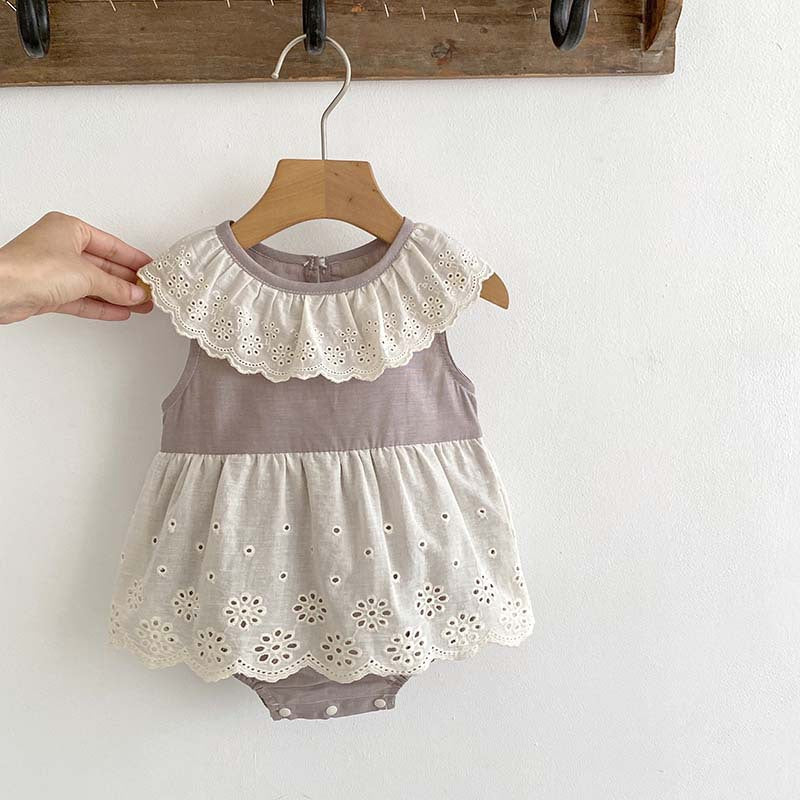 Summer Design Baby Girls Flowers Hollow Out Pattern Sleeveless Patchwork Onesies-4