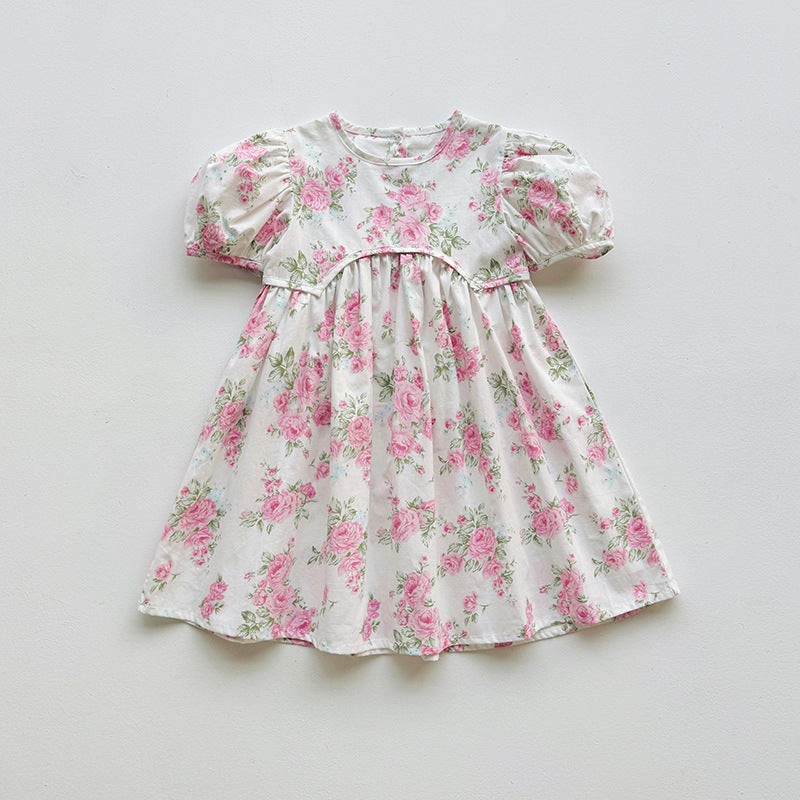 Summer Baby Kids Girls Short-Sleeved Floral Pattern Cute Dress-4
