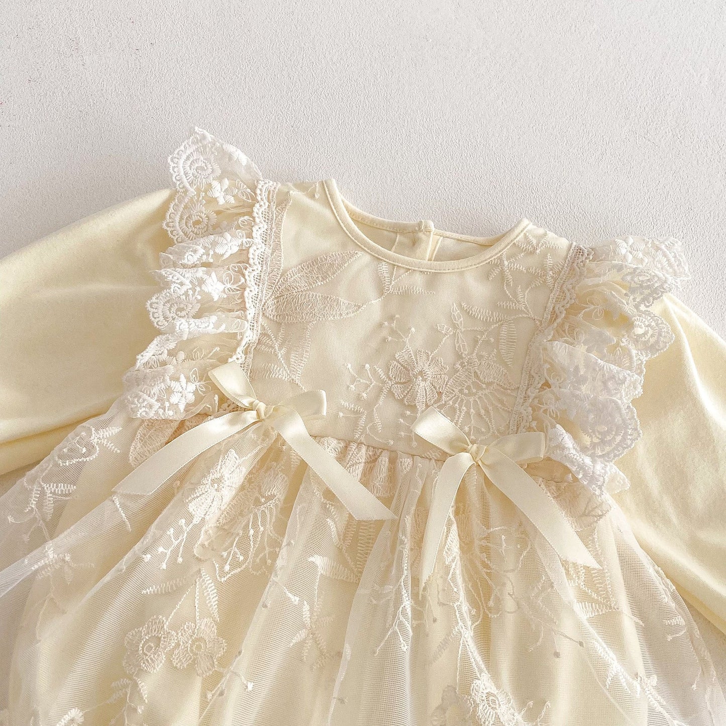 Spring Arrival Baby Girls Cute Floral Embroidered Tulle Long Sleeves Onesies-4