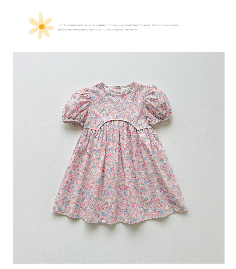 Summer Baby Kids Girls Short-Sleeved Floral Pattern Cute Dress-3