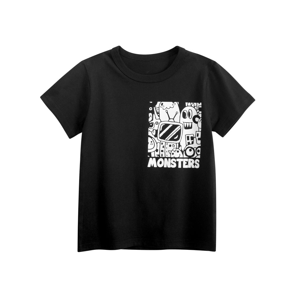 Boys’ Little Monster Cartoon and Letters Print T-shirt in European and American-1