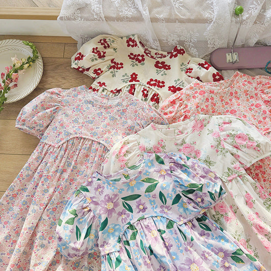 Summer Baby Kids Girls Short-Sleeved Floral Pattern Cute Dress-0